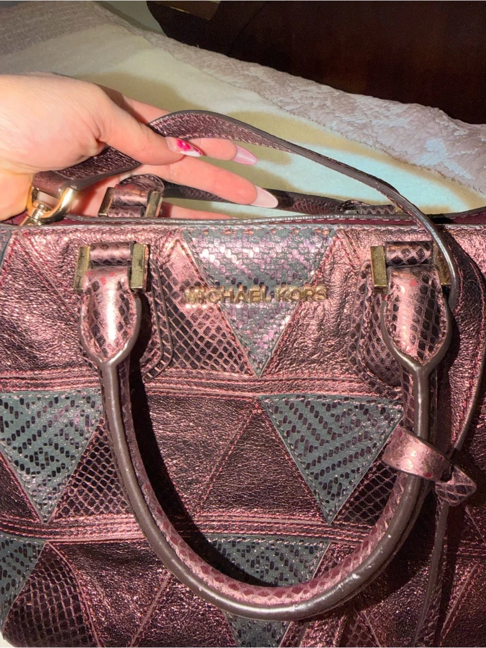 Michael Kors Metallic Plum & Black Geometric Satchel